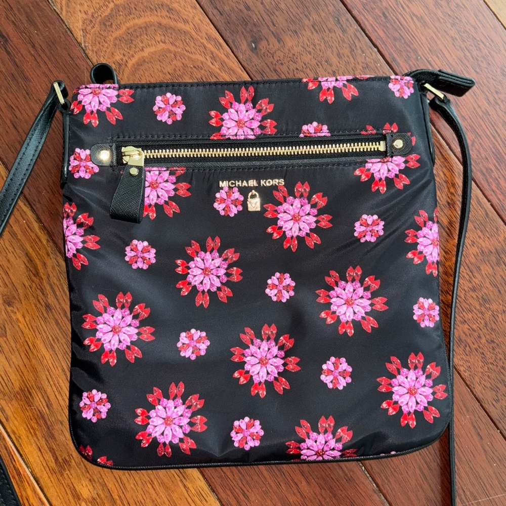 Michael Kors Black and Pink Floral Crossbody Bag